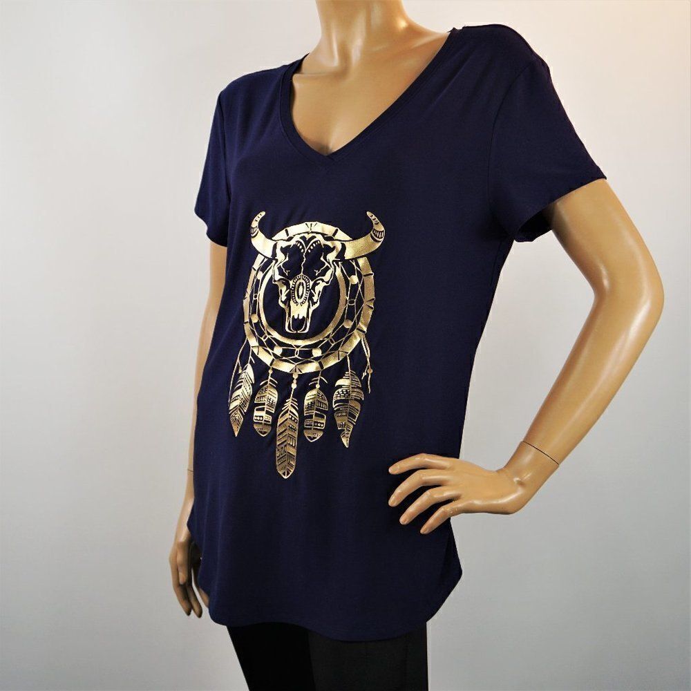 No Boundaries Shirt Longhorn Print Blue Gold Stretch V Neck Women Sz XL 15 -17